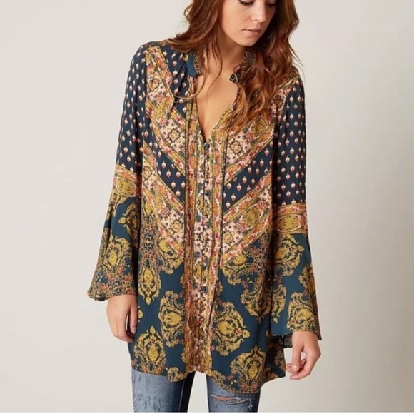 FREE PEOPLE Magic Mystery Blue Gold Coral Print Retro Bell Sleeve Tunic Mini - Picture 4 of 11